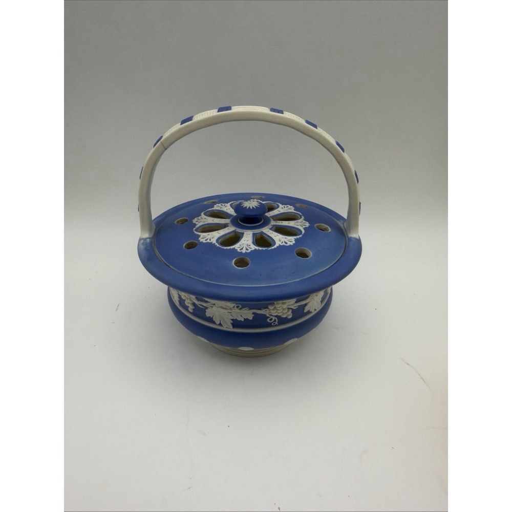 Spode Blue Jasperware Potpourri Basket w/ Cover Blue Dipped Stoneware c.1800s